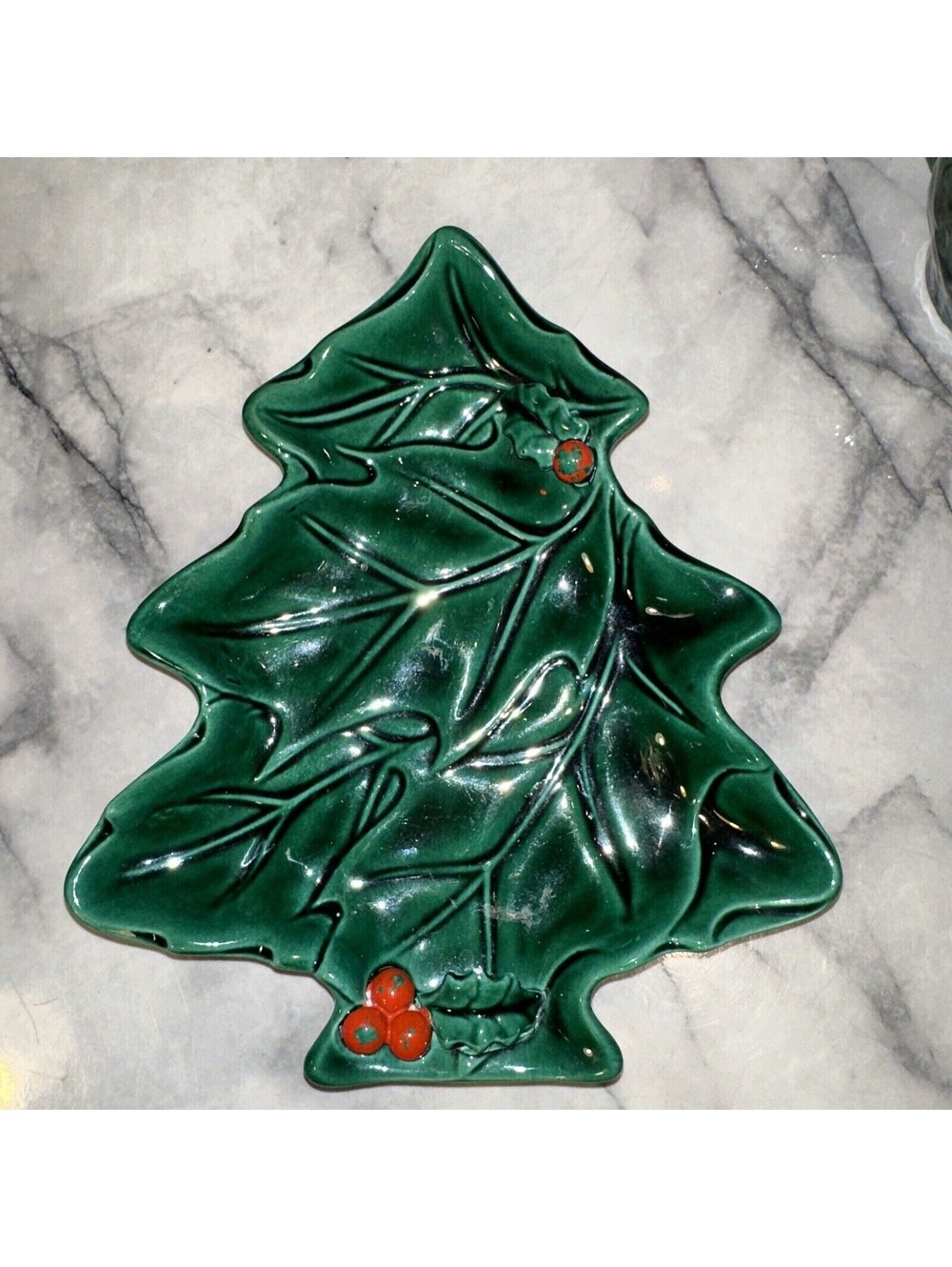 Lefton Ceramic Holiday Christmas Tree Plate Holly Green Vintage Ceramic